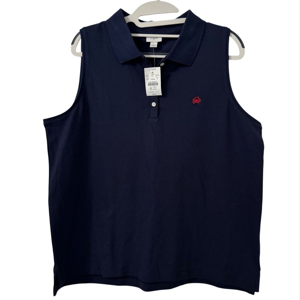 J.Crew Polo Shirt Large Navy‎ Blue Sleeveless Embroidered Crab Nautical Preppy